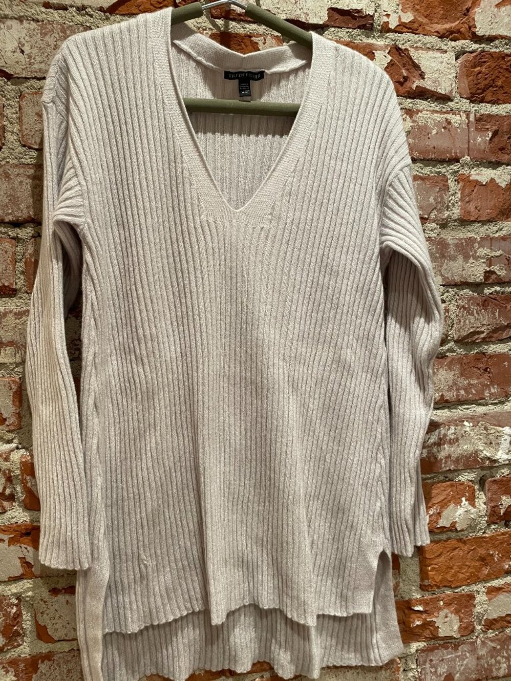 EILEEN FISHER 100% Cashmere Italian V-Neck Pullover with Hi/Low Hem